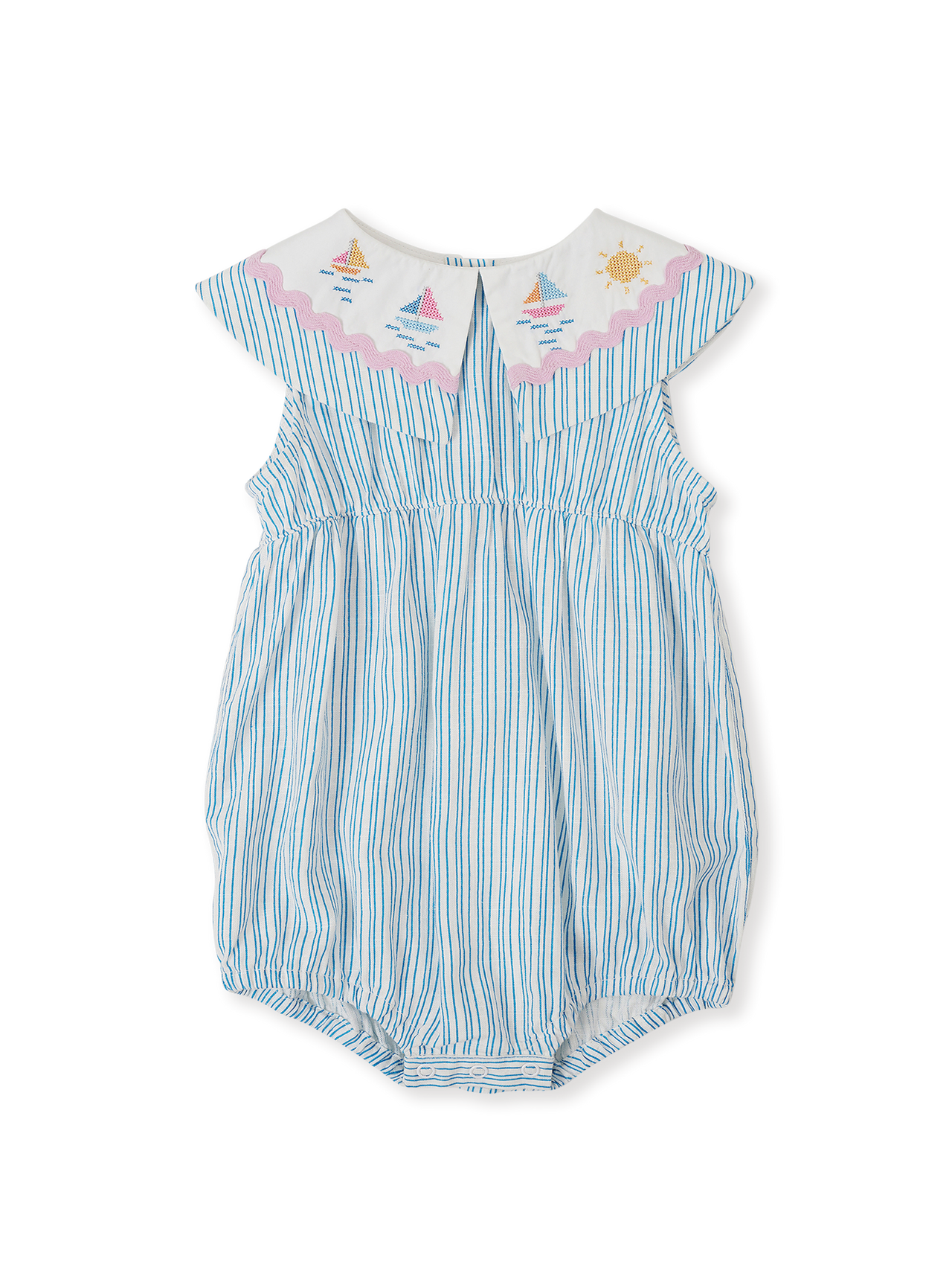 The Goldie + Ace Sailor Stripe Ava Collared Romper in Ocean/Ivory pictured on a transparent background. The material is soft and breathable rayon-linen blend. It is a romper made for babies, toddlers and kids.