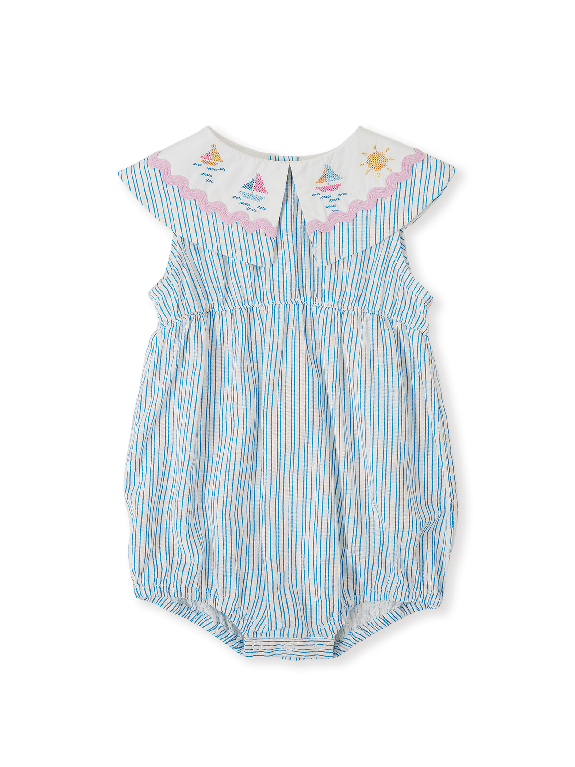 The Goldie + Ace Sailor Stripe Ava Collared Romper in Ocean/Ivory pictured on a transparent background. The material is soft and breathable rayon-linen blend. It is a romper made for babies, toddlers and kids.