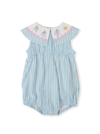 The Goldie + Ace Sailor Stripe Ava Collared Romper in Ocean/Ivory pictured on a transparent background. The material is soft and breathable rayon-linen blend. It is a romper made for babies, toddlers and kids.