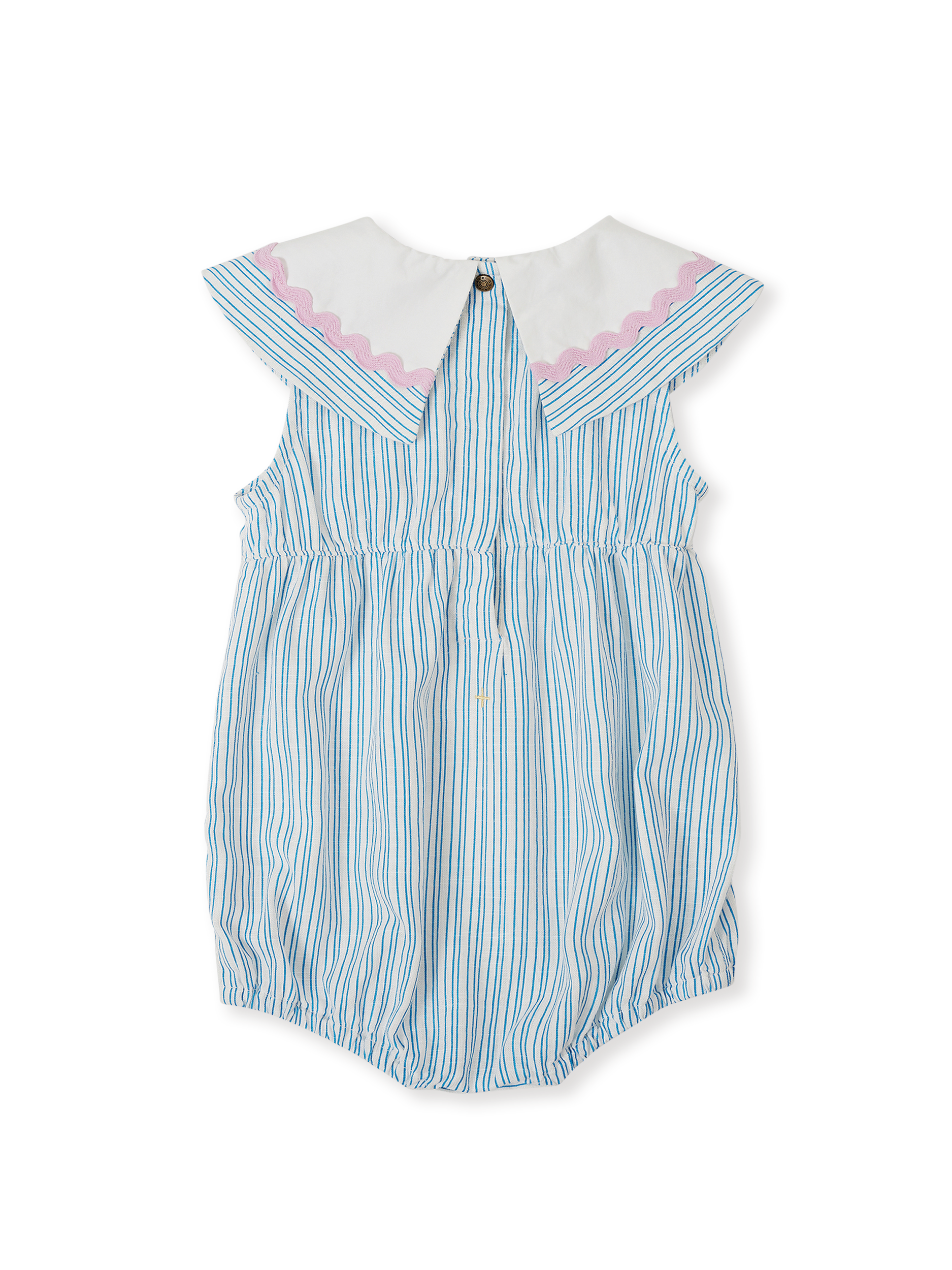 The Goldie + Ace Sailor Stripe Ava Collared Romper in Ocean/Ivory pictured on a transparent background. The material is soft and breathable rayon-linen blend. It is a romper made for babies, toddlers and kids.