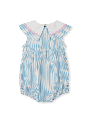 The Goldie + Ace Sailor Stripe Ava Collared Romper in Ocean/Ivory pictured on a transparent background. The material is soft and breathable rayon-linen blend. It is a romper made for babies, toddlers and kids.
