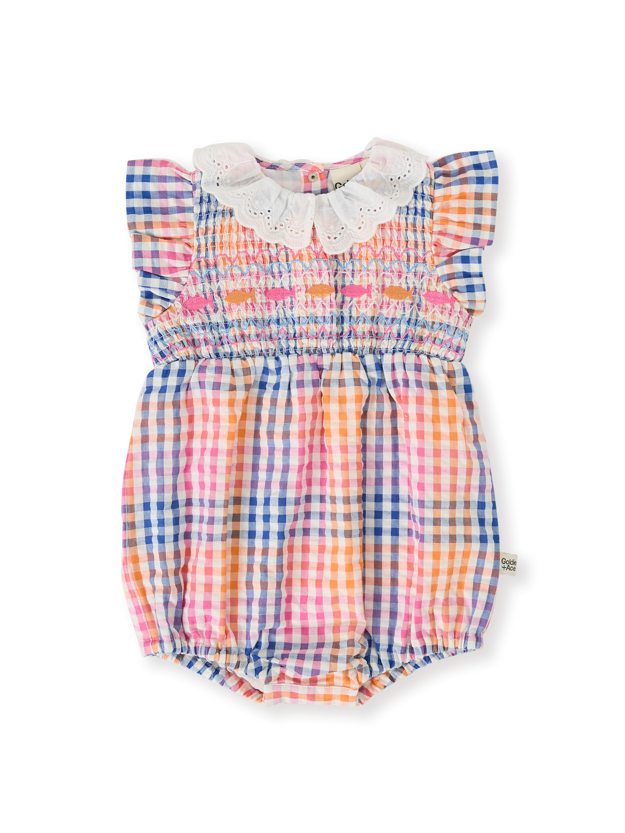 The Goldie + Ace Rainbow Gingham Lani Smocked Romper in Multi pictured on a transparent background. The material is cotton with cotton lining. It is a romper made for babies, toddlers and kids.