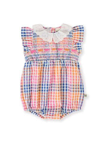 The Goldie + Ace Rainbow Gingham Lani Smocked Romper in Multi pictured on a transparent background. The material is cotton with cotton lining. It is a romper made for babies, toddlers and kids.