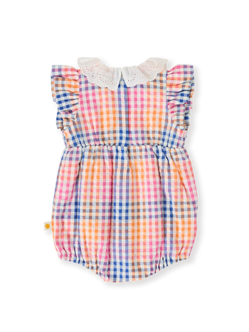 The Goldie + Ace Rainbow Gingham Lani Smocked Romper in Multi pictured on a transparent background. The material is cotton with cotton lining. It is a romper made for babies, toddlers and kids.