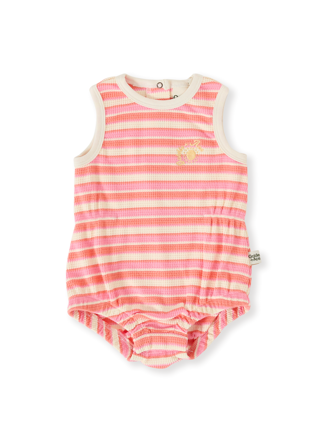 The Goldie + Ace Watermelon Stripe Bubble Romper in Pink/Peach pictured on a transparent background. The material is 100% cotton. It is a romper made for babies, toddlers and kids.
