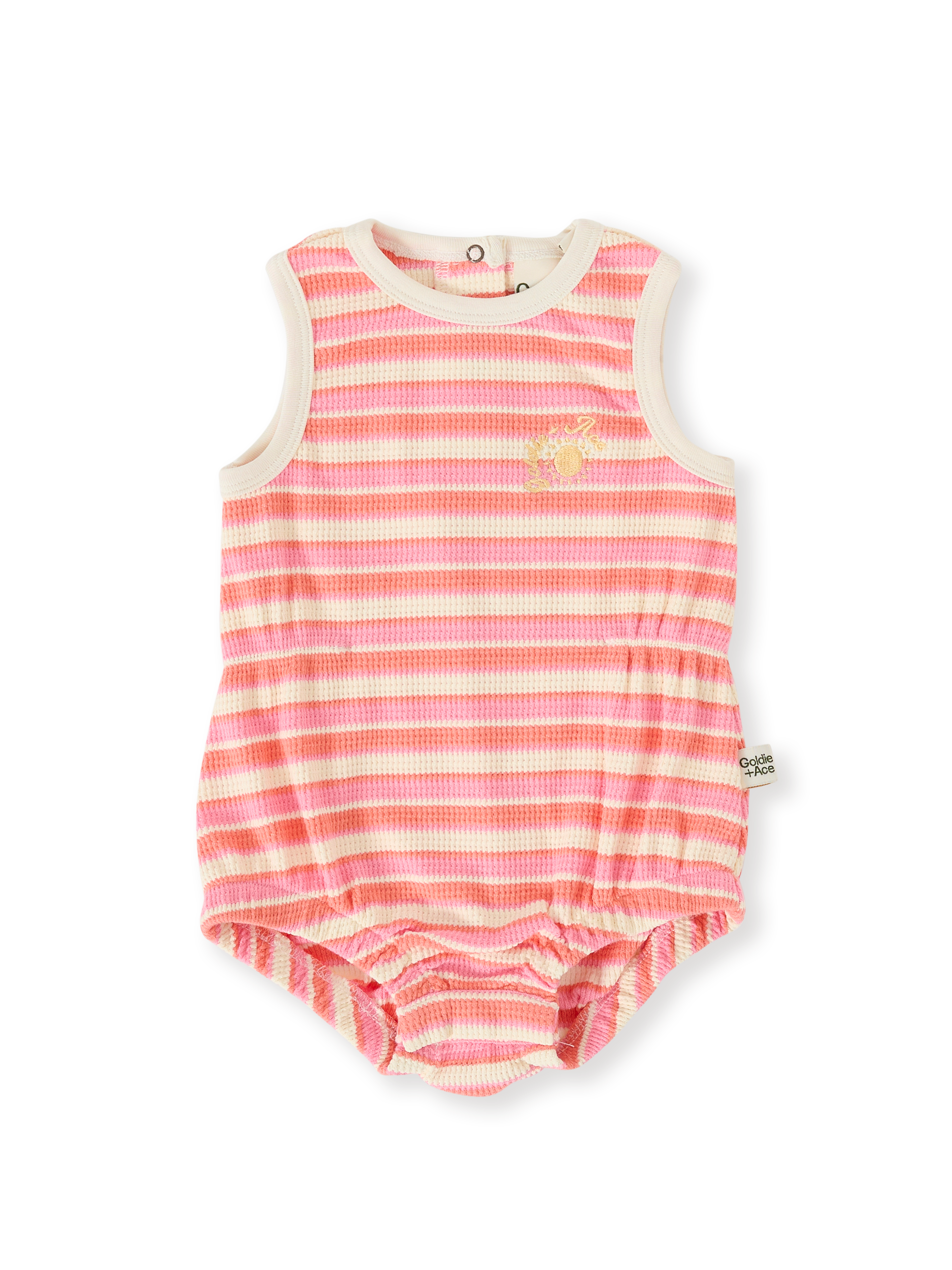 The Goldie + Ace Watermelon Stripe Bubble Romper in Pink/Peach pictured on a transparent background. The material is 100% cotton. It is a romper made for babies, toddlers and kids.