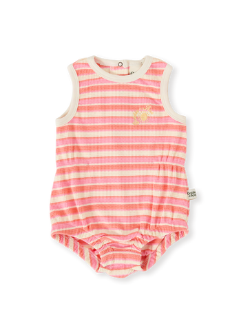The Goldie + Ace Watermelon Stripe Bubble Romper in Pink/Peach pictured on a transparent background. The material is 100% cotton. It is a romper made for babies, toddlers and kids.
