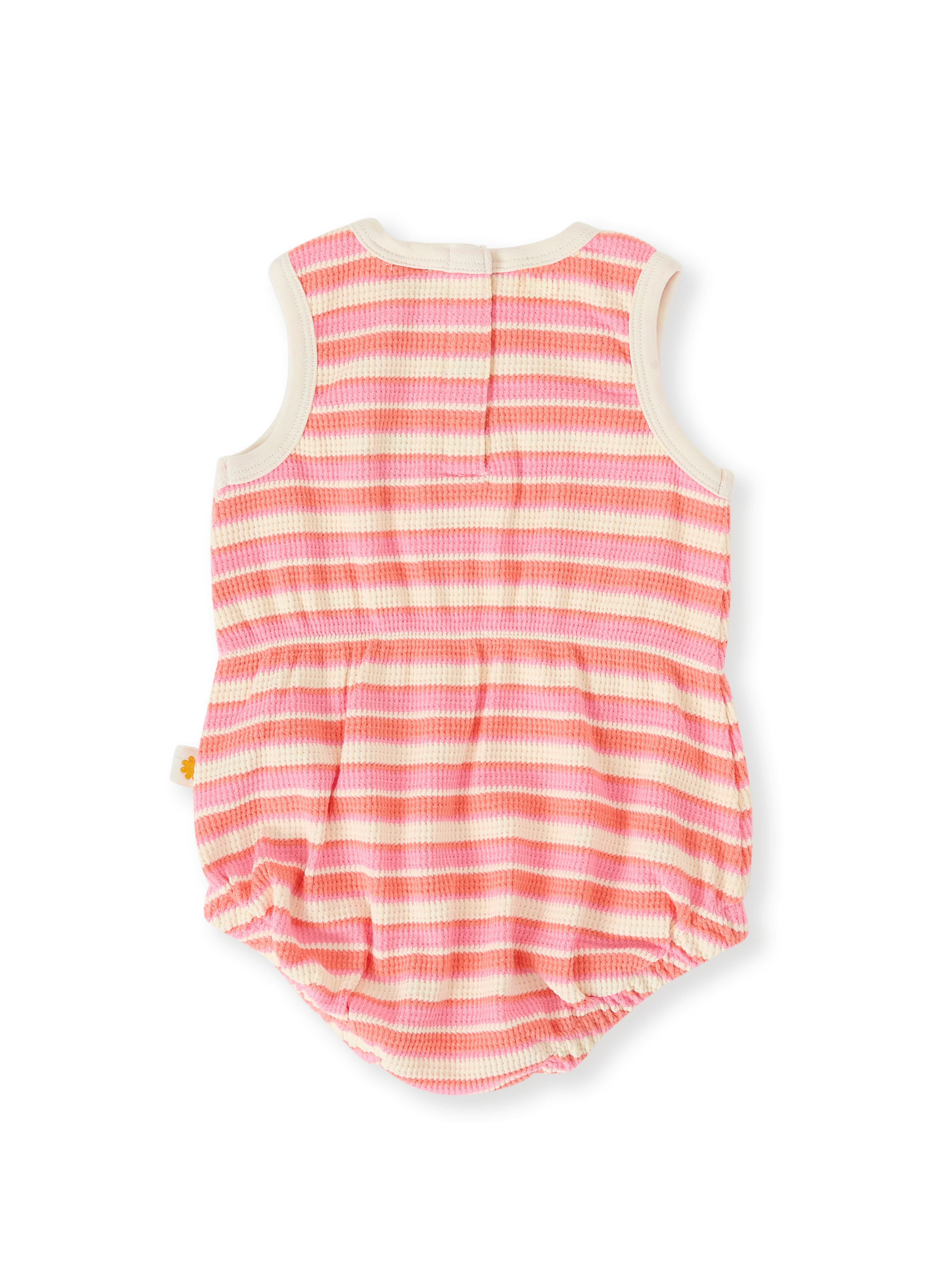 The Goldie + Ace Watermelon Stripe Bubble Romper in Pink/Peach pictured on a transparent background. The material is 100% cotton. It is a romper made for babies, toddlers and kids.
