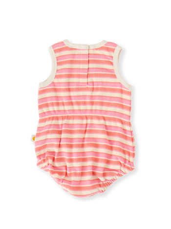 The Goldie + Ace Watermelon Stripe Bubble Romper in Pink/Peach pictured on a transparent background. The material is 100% cotton. It is a romper made for babies, toddlers and kids.