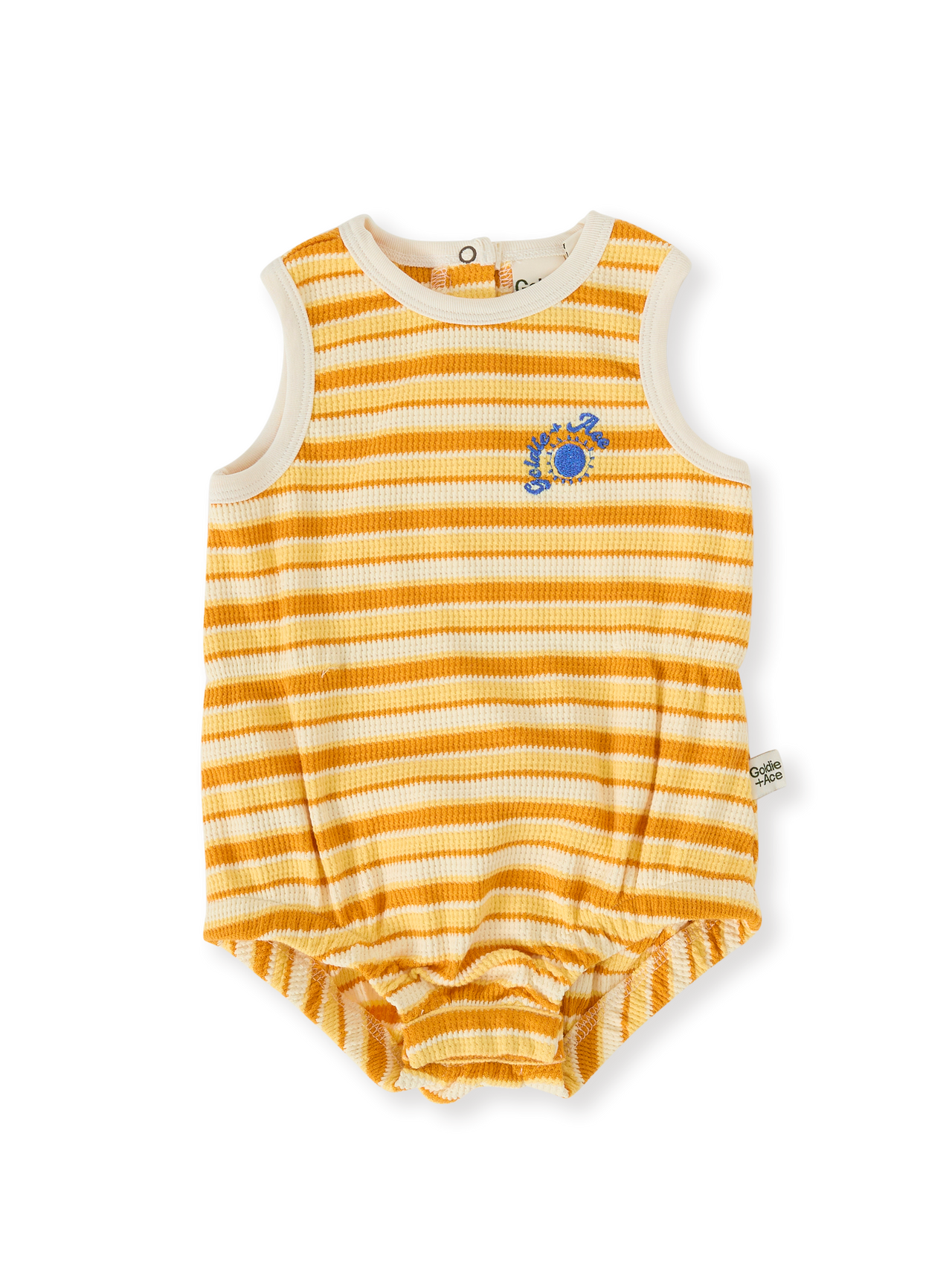 The Goldie + Ace Sunshine Stripe Bubble Romper in Lemon/Golden pictured on a transparent background. The material is 100% cotton. It is a romper made for babies, toddlers and kids.