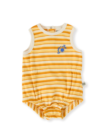 The Goldie + Ace Sunshine Stripe Bubble Romper in Lemon/Golden pictured on a transparent background. The material is 100% cotton. It is a romper made for babies, toddlers and kids.