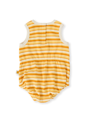 The Goldie + Ace Sunshine Stripe Bubble Romper in Lemon/Golden pictured on a transparent background. The material is 100% cotton. It is a romper made for babies, toddlers and kids.