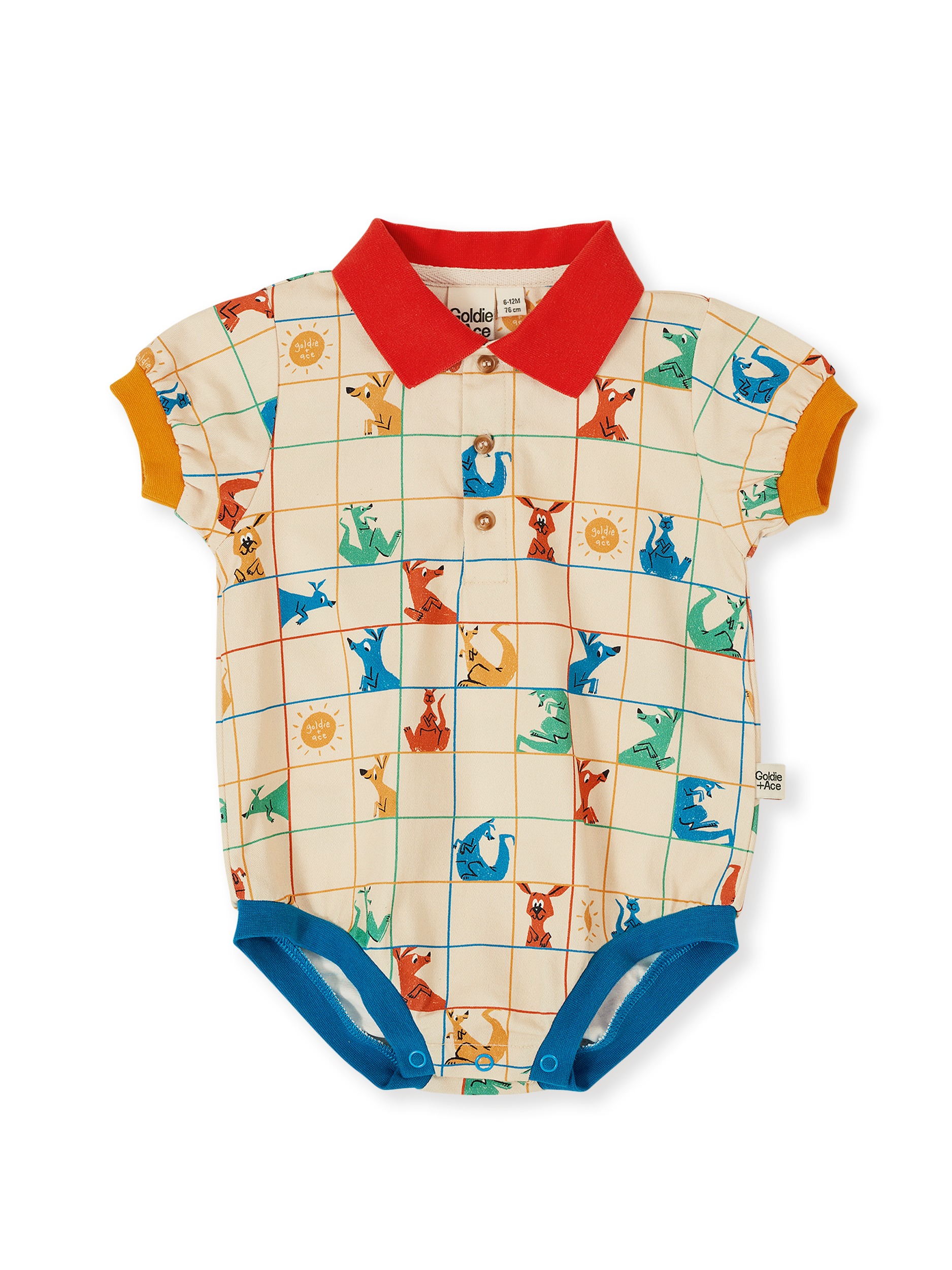 The Goldie + Ace Hopscotch Polo Romper in Vanilla/Primary pictured on a transparent background. The material is 100% cotton. It is a romper made for babies, toddlers and kids.