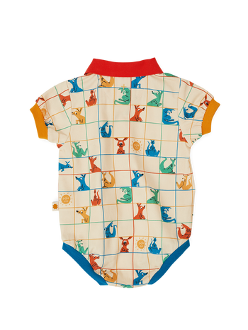 The Goldie + Ace Hopscotch Polo Romper in Vanilla/Primary pictured on a transparent background. The material is 100% cotton. It is a romper made for babies, toddlers and kids.