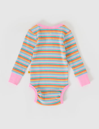 The Goldie + Ace Long Sleeve Rib Bodysuit in Candy Stripe pictured on a grey background. The material is soft ribbed cotton elastane. It is a babywear made for babies, toddlers and kids.