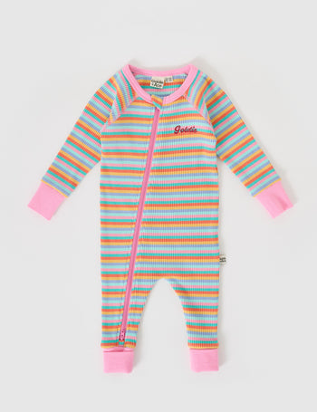 The Goldie + Ace Rib Zipsuit in Candy Stripe pictured on a grey background. The material is soft ribbed cotton elastane. It is a babywear made for babies, toddlers and kids.