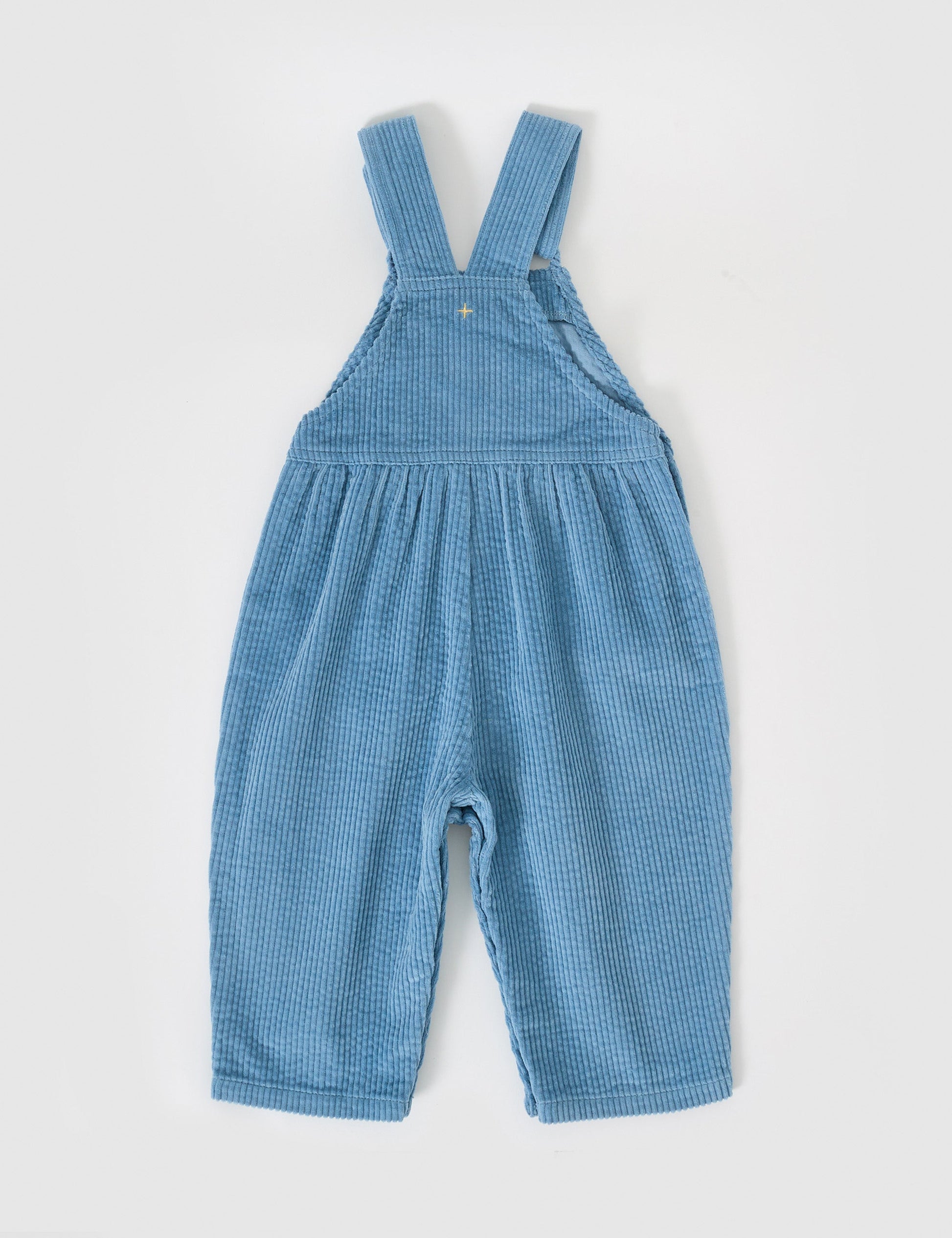 The Goldie + Ace Sammy Corduroy Overalls in Duck Egg pictured on a grey background. The material is cotton cord. It is a overall made for babies, toddlers and kids.