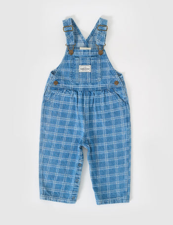 The Goldie + Ace Austin Denim Check Overalls in Blue Denim pictured on a grey background. The material is cotton denim. It is a overall made for babies, toddlers and kids.