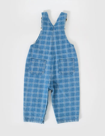 The Goldie + Ace Austin Denim Check Overalls in Blue Denim pictured on a grey background. The material is cotton denim. It is a overall made for babies, toddlers and kids.