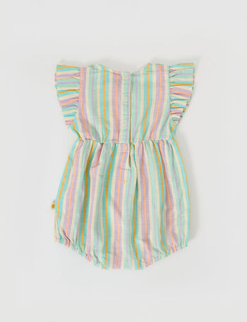 The Goldie + Ace Lani Linen Romper in Resort Stripe pictured on a grey background. The material is linen. It is a babywear made for babies, toddlers and kids.