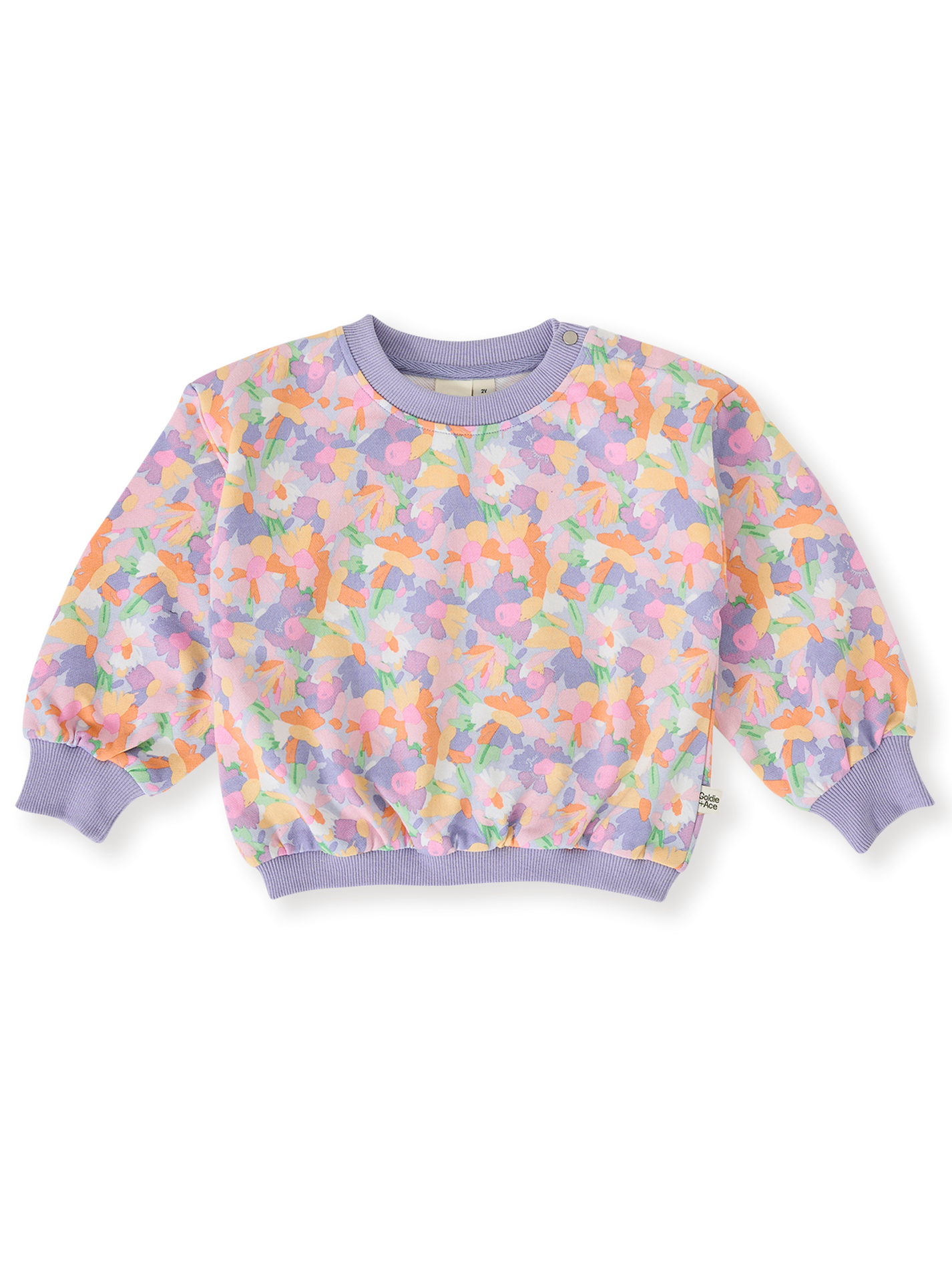 The Goldie + Ace Pastel Bouquet Terry Sweatshirt in Lilac Multi pictured on a transparent background. The material is 100% cotton. It is a top made for babies, toddlers and kids.