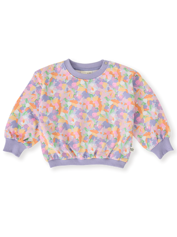The Goldie + Ace Pastel Bouquet Terry Sweatshirt in Lilac Multi pictured on a transparent background. The material is 100% cotton. It is a top made for babies, toddlers and kids.