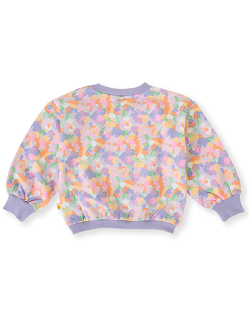 The Goldie + Ace Pastel Bouquet Terry Sweatshirt in Lilac Multi pictured on a transparent background. The material is 100% cotton. It is a top made for babies, toddlers and kids.