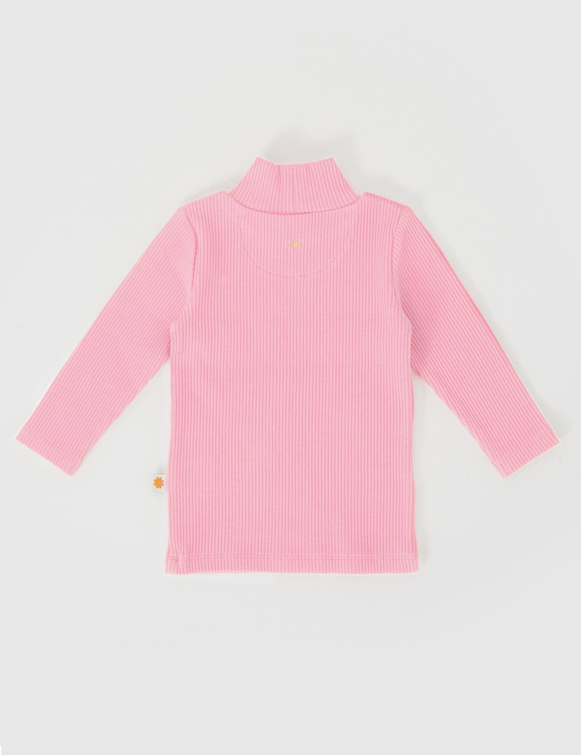 The Goldie + Ace Embroidered Rib Skivvy in Sweetpea pictured on a grey background. The material is soft ribbed cotton elastane. It is a top made for babies, toddlers and kids.