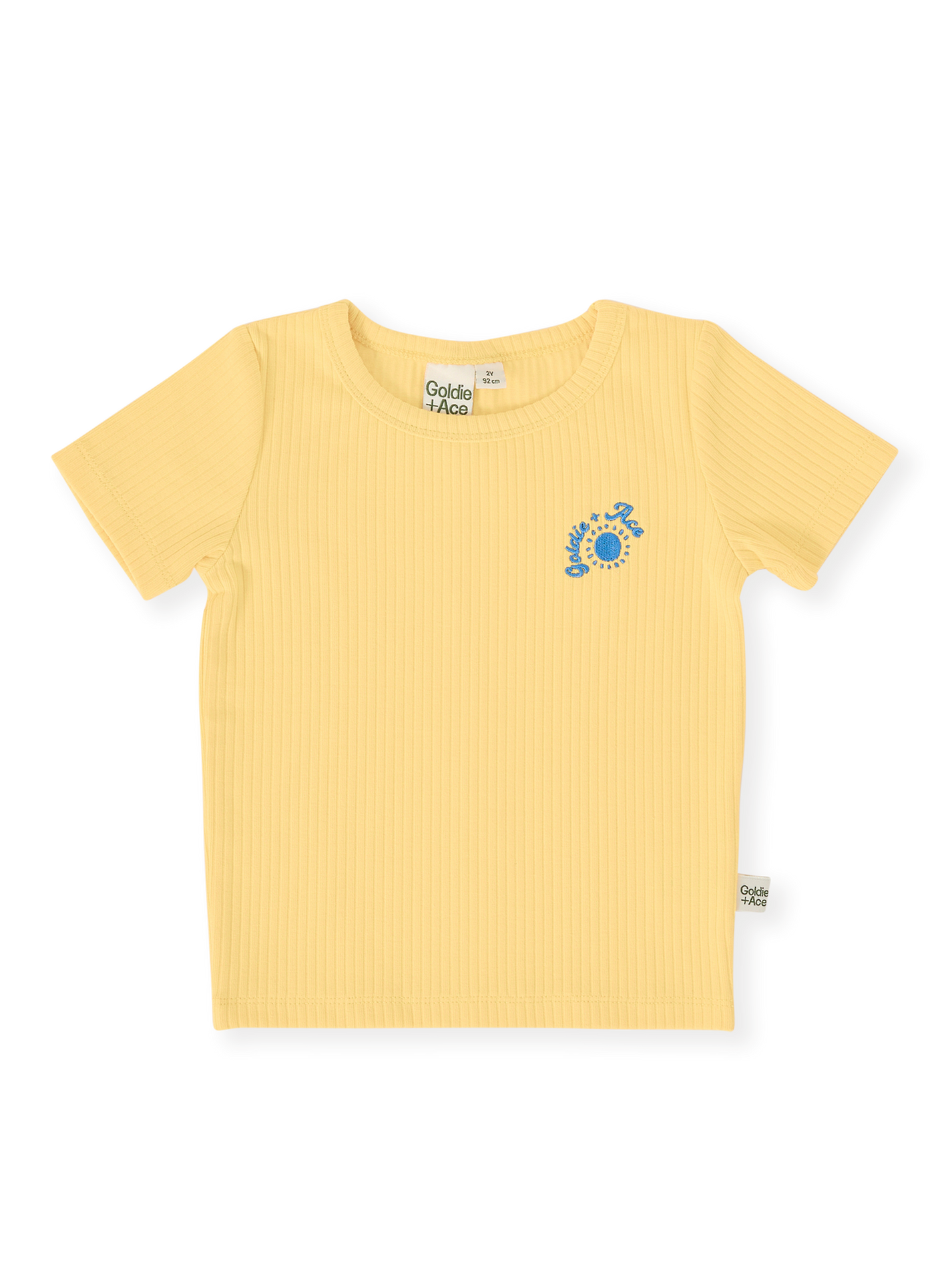 The Goldie + Ace Kai Rib T-Shirt in Lemon pictured on a transparent background. The material is soft cotton elastane. It is a top made for babies, toddlers and kids.
