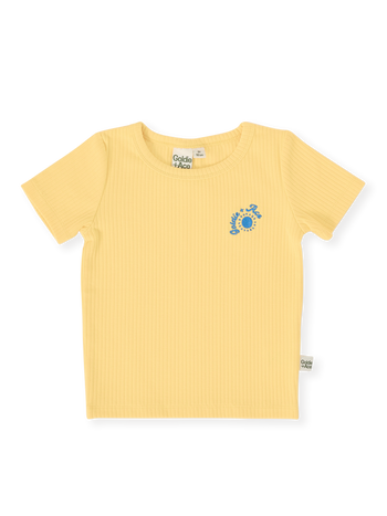 The Goldie + Ace Kai Rib T-Shirt in Lemon pictured on a transparent background. The material is soft cotton elastane. It is a top made for babies, toddlers and kids.
