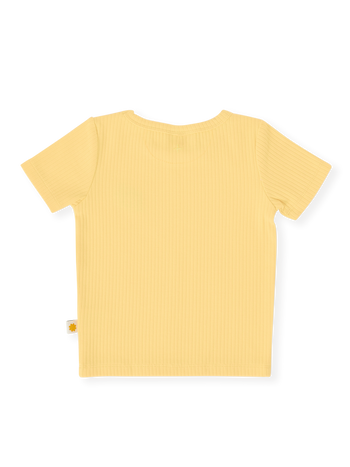 The Goldie + Ace Kai Rib T-Shirt in Lemon pictured on a transparent background. The material is soft cotton elastane. It is a top made for babies, toddlers and kids.