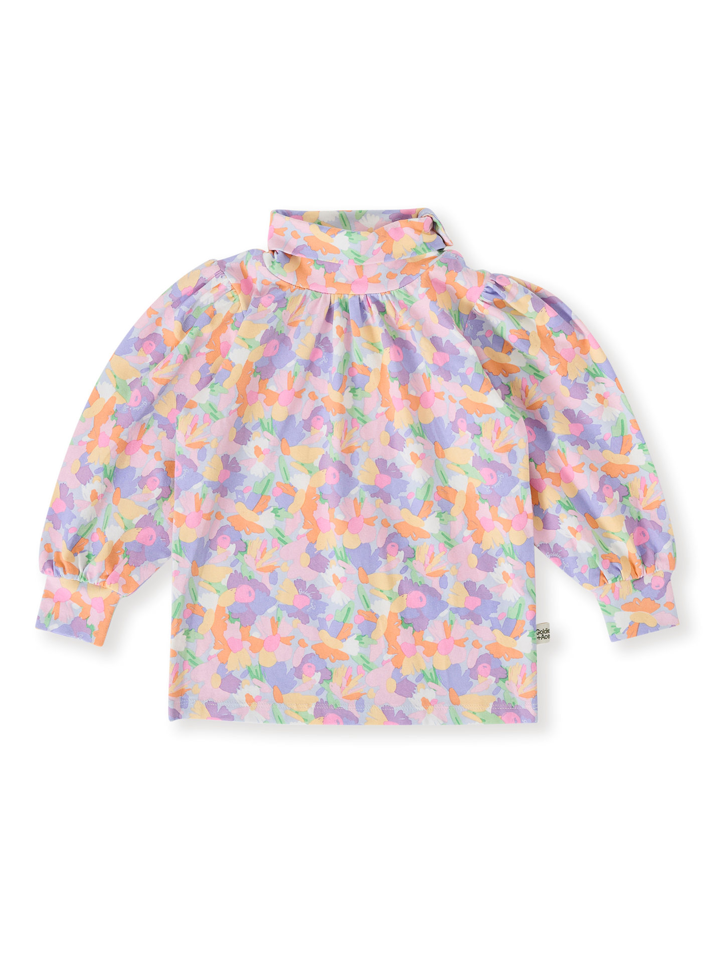 The Goldie + Ace Pastel Bouquet Sofia Puff Sleeve Skivvy in Lilac Multi pictured on a transparent background. The material is soft cotton elastane. It is a top made for babies, toddlers and kids.