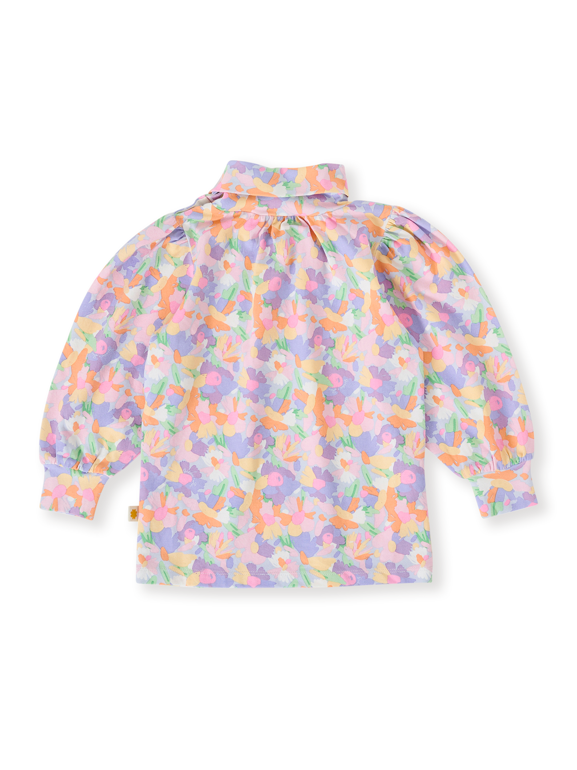 The Goldie + Ace Pastel Bouquet Sofia Puff Sleeve Skivvy in Lilac Multi pictured on a transparent background. The material is soft cotton elastane. It is a top made for babies, toddlers and kids.