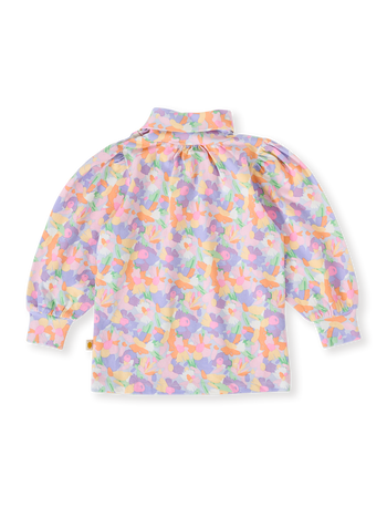 The Goldie + Ace Pastel Bouquet Sofia Puff Sleeve Skivvy in Lilac Multi pictured on a transparent background. The material is soft cotton elastane. It is a top made for babies, toddlers and kids.