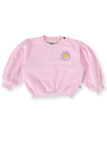 The Goldie + Ace Over The Rainbow Puff Sleeve Sweater in Candy pictured on a transparent background. The material is cotton. It is a top made for babies, toddlers and kids.