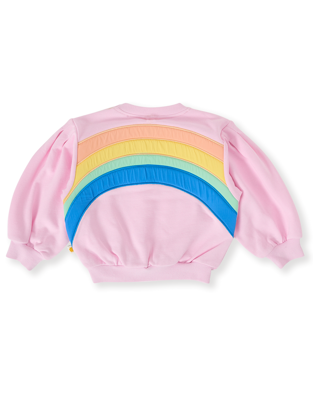 The Goldie + Ace Over The Rainbow Puff Sleeve Sweater in Candy pictured on a transparent background. The material is cotton. It is a top made for babies, toddlers and kids.