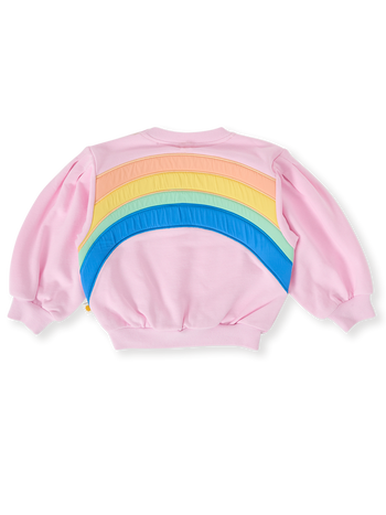 The Goldie + Ace Over The Rainbow Puff Sleeve Sweater in Candy pictured on a transparent background. The material is cotton. It is a top made for babies, toddlers and kids.