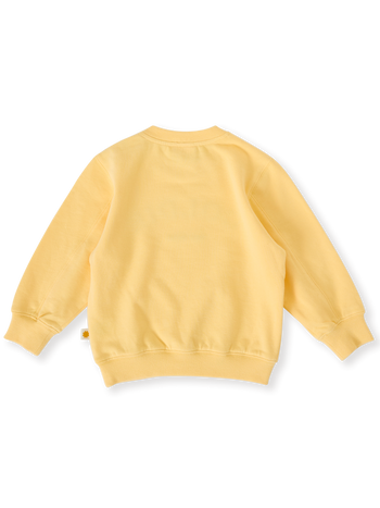 The Goldie + Ace Goldie Crew Embroidered Sweater in Lemon pictured on a transparent background. The material is 100% cotton. It is a top made for babies, toddlers and kids.
