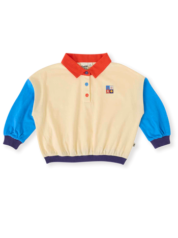 The Goldie + Ace Relaxed Rugby Sweat Top in Vanilla/Lake pictured on a transparent background. The material is 100% cotton. It is a top made for babies, toddlers and kids.