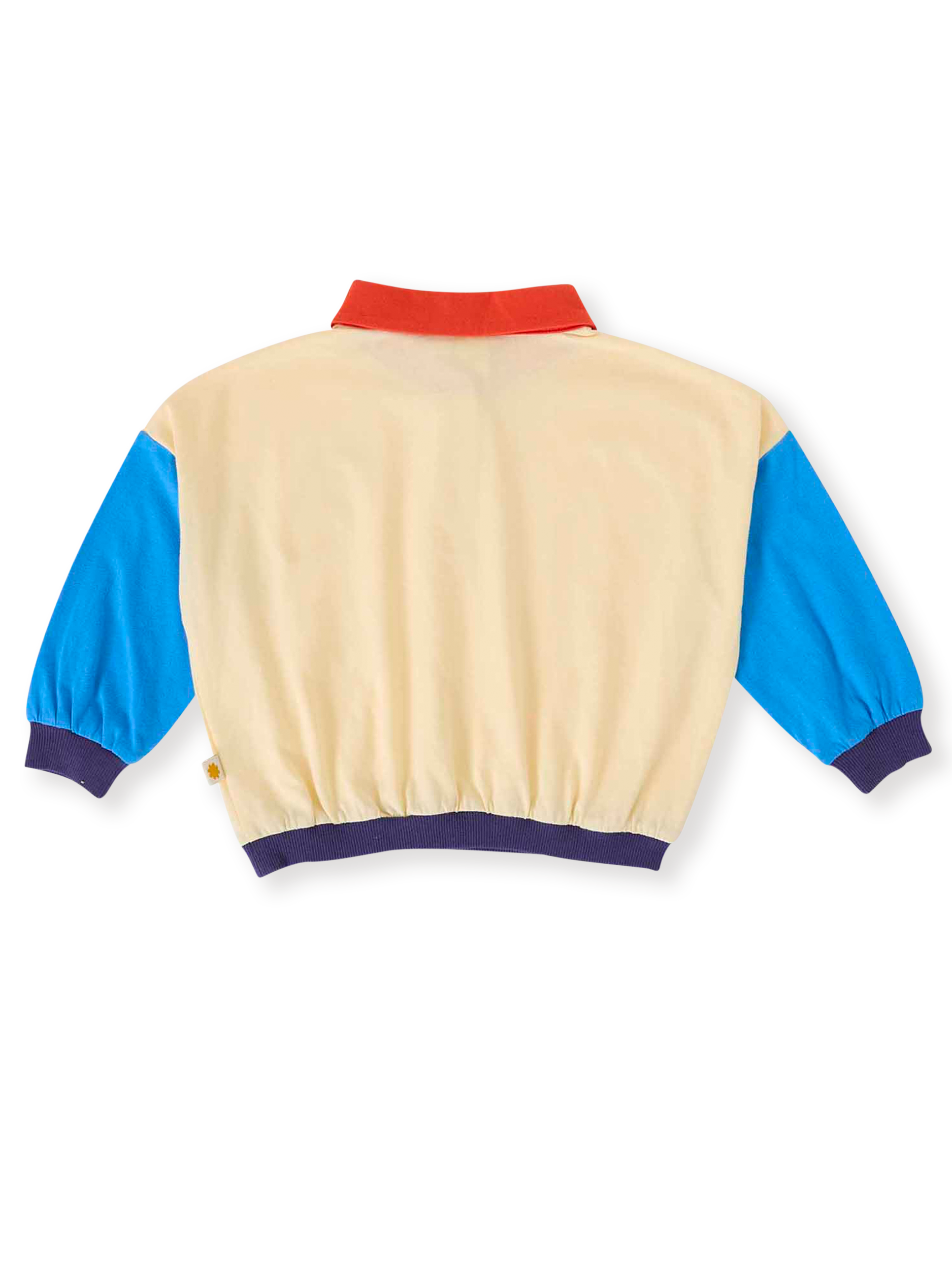 The Goldie + Ace Relaxed Rugby Sweat Top in Vanilla/Lake pictured on a transparent background. The material is 100% cotton. It is a top made for babies, toddlers and kids.