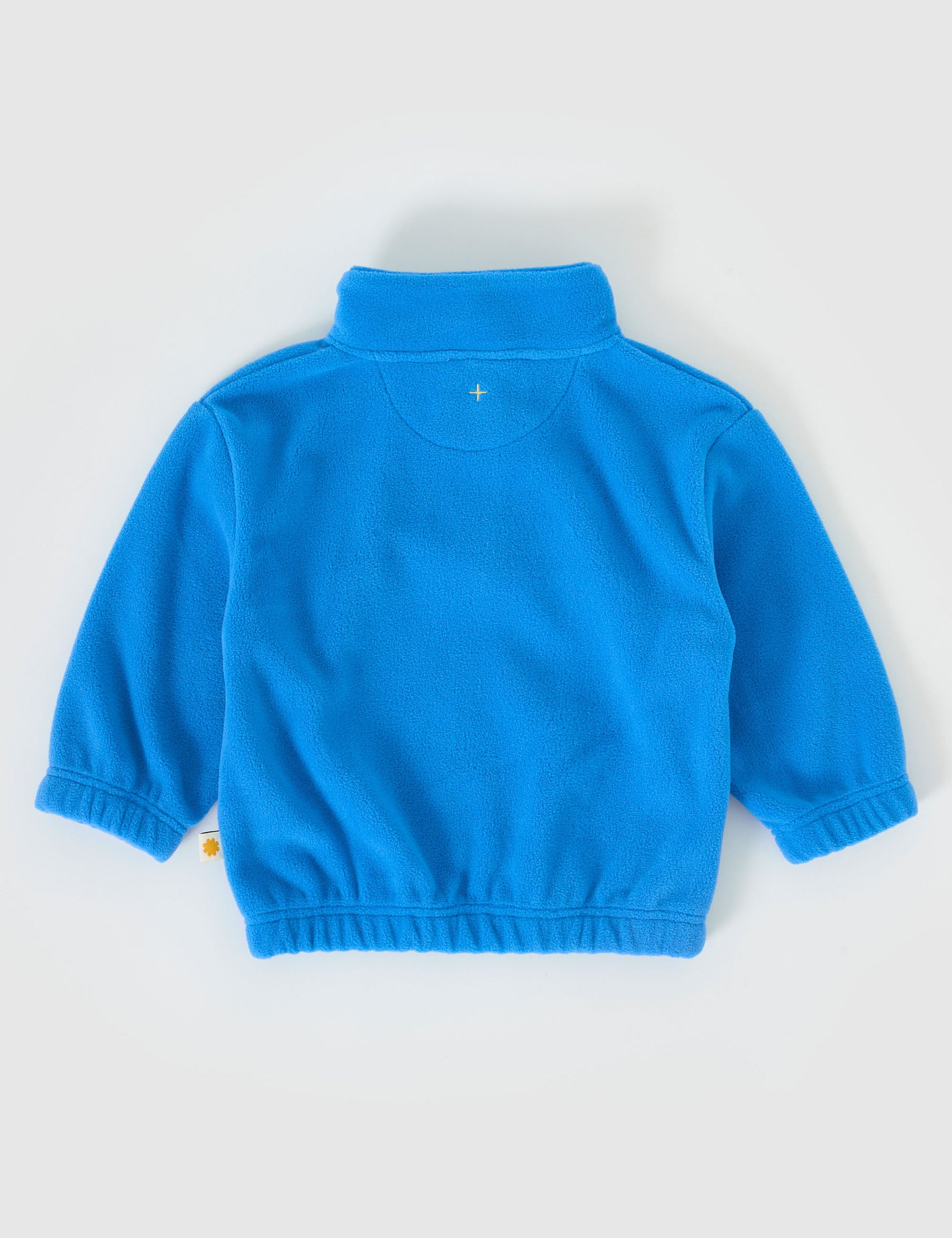 The Goldie + Ace Bobbi Polar Fleece Sweater in Lake pictured on a grey background. The material is polyester. It is a top made for babies, toddlers and kids.