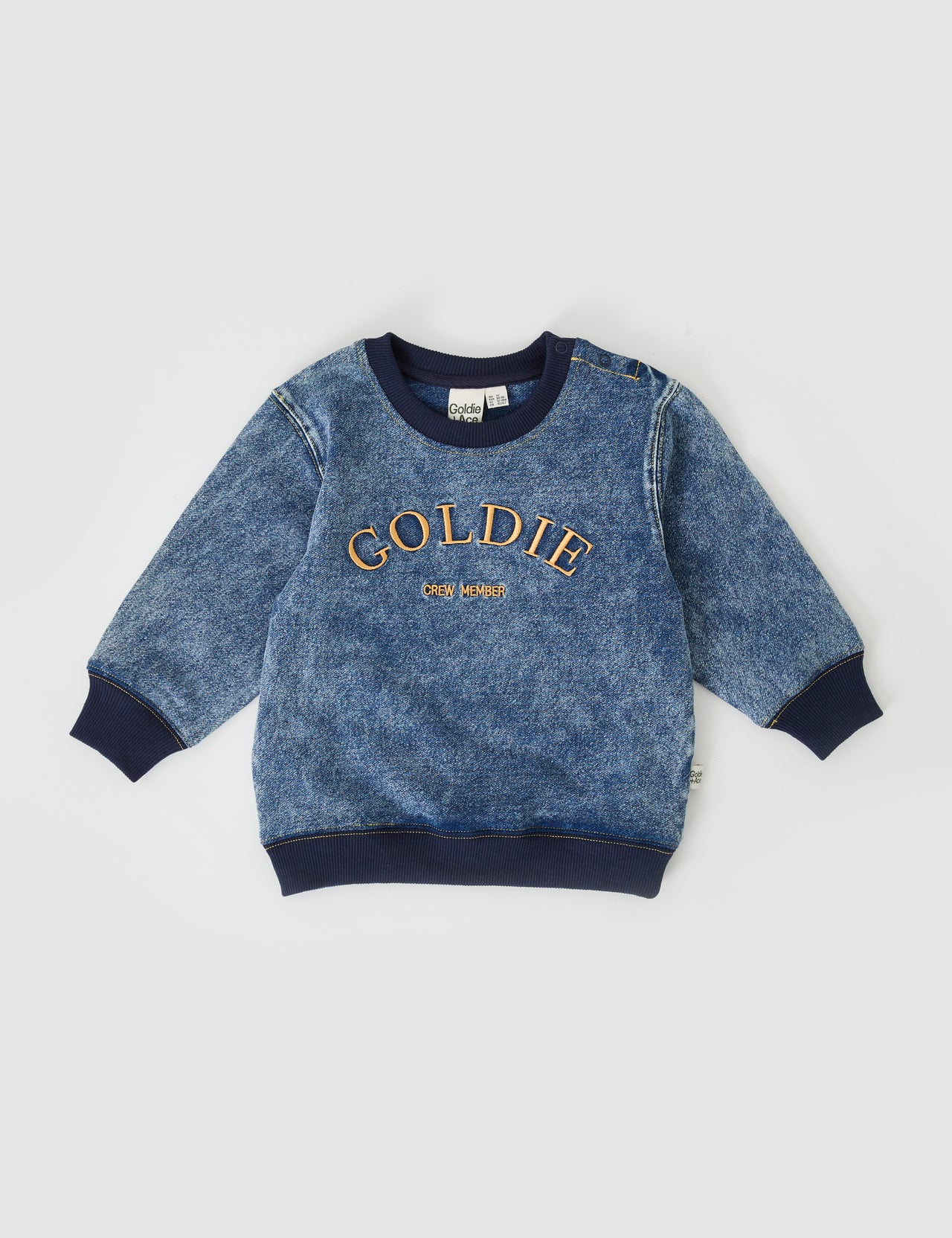 Goldie Crew Embroidered Denim Look Sweater Dark Denim