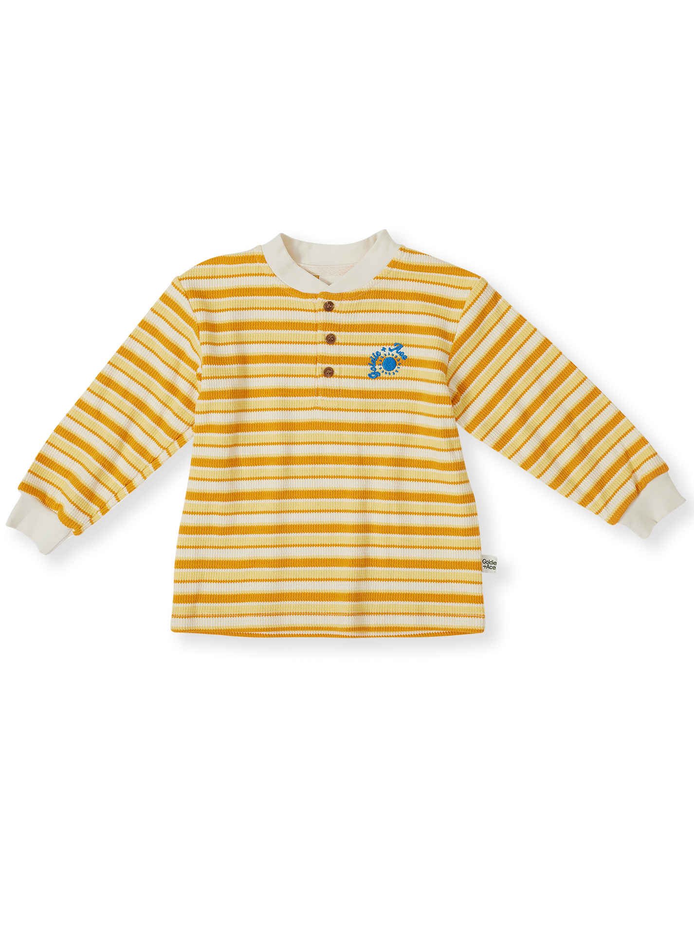 The Goldie + Ace Sunshine Stripe Long Sleeve Top in Lemon/Golden pictured on a transparent background. The material is 100% cotton. It is a top made for babies, toddlers and kids.