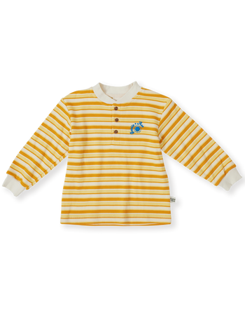 The Goldie + Ace Sunshine Stripe Long Sleeve Top in Lemon/Golden pictured on a transparent background. The material is 100% cotton. It is a top made for babies, toddlers and kids.