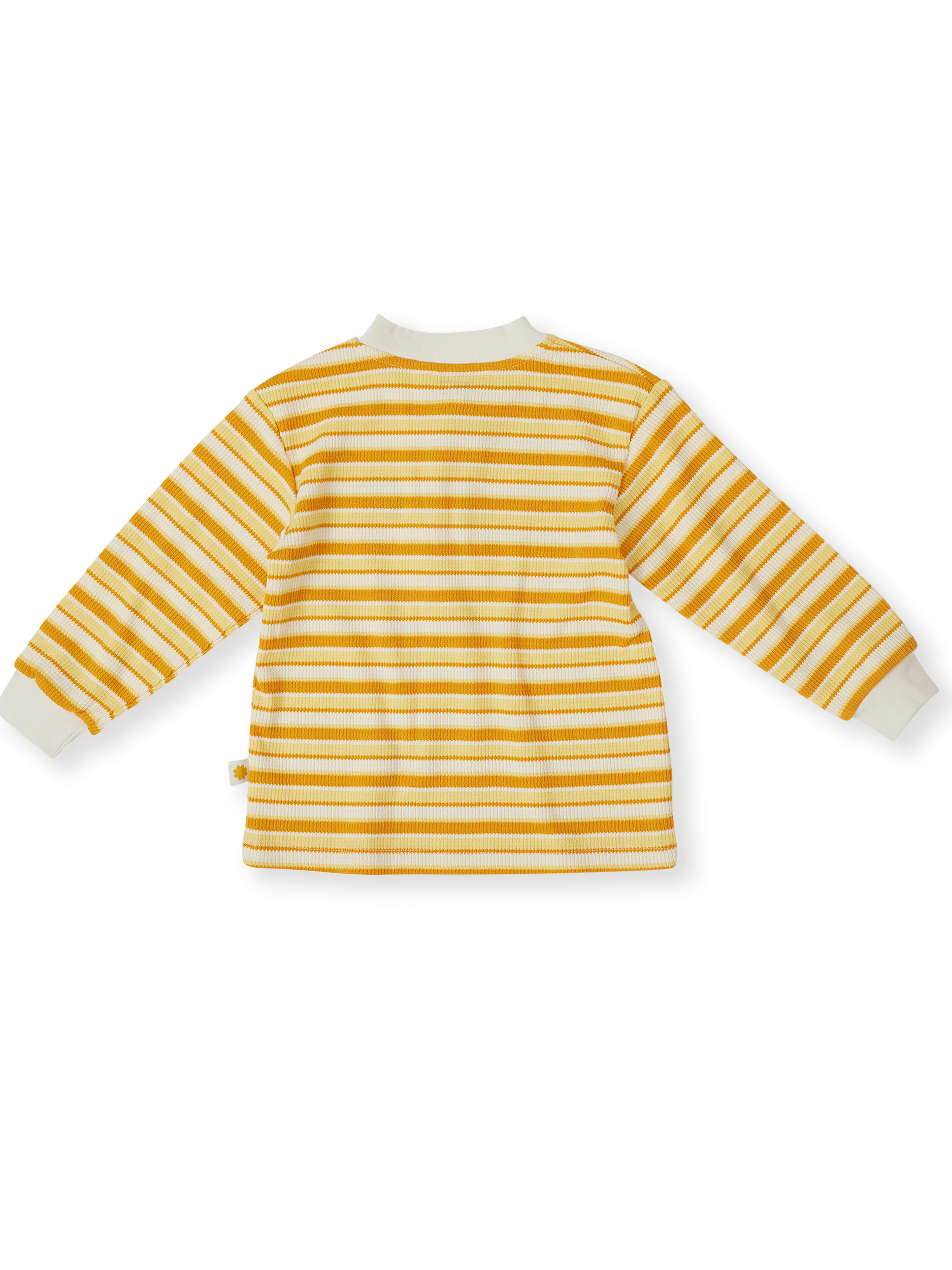 The Goldie + Ace Sunshine Stripe Long Sleeve Top in Lemon/Golden pictured on a transparent background. The material is 100% cotton. It is a top made for babies, toddlers and kids.