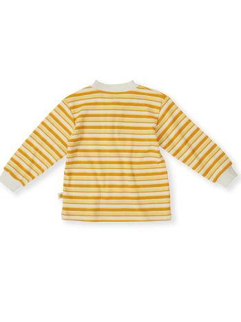The Goldie + Ace Sunshine Stripe Long Sleeve Top in Lemon/Golden pictured on a transparent background. The material is 100% cotton. It is a top made for babies, toddlers and kids.
