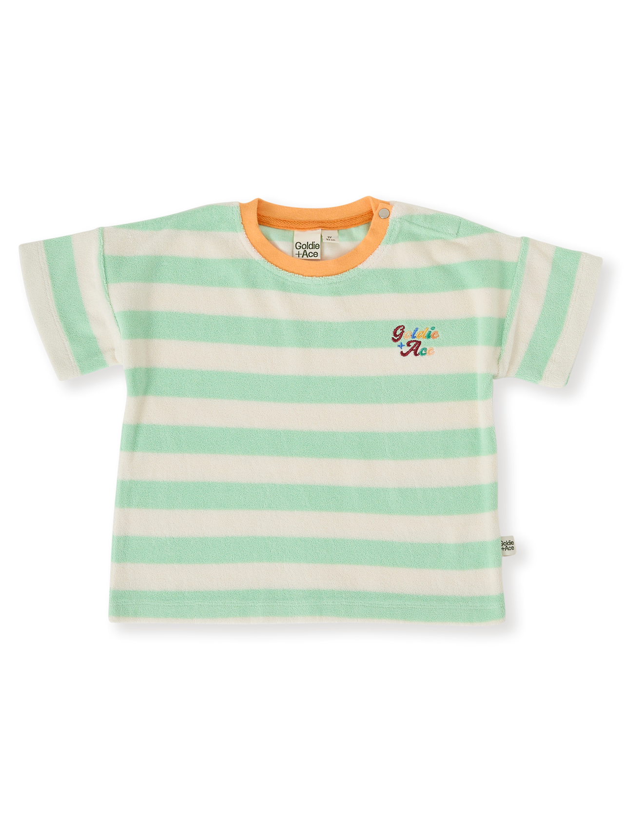The Goldie + Ace Peas In A Pod Stripe T-Shirt in Peapod/Cloud pictured on a transparent background. The material is 100% cotton. It is a top made for babies, toddlers and kids.