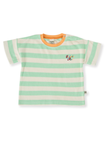 The Goldie + Ace Peas In A Pod Stripe T-Shirt in Peapod/Cloud pictured on a transparent background. The material is 100% cotton. It is a top made for babies, toddlers and kids.