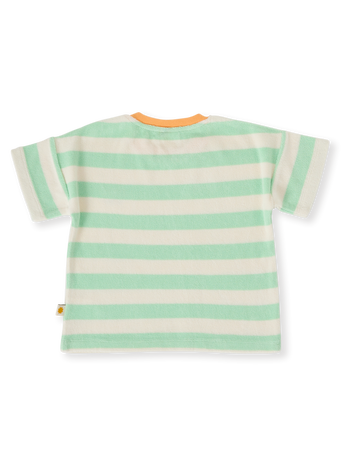 The Goldie + Ace Peas In A Pod Stripe T-Shirt in Peapod/Cloud pictured on a transparent background. The material is 100% cotton. It is a top made for babies, toddlers and kids.