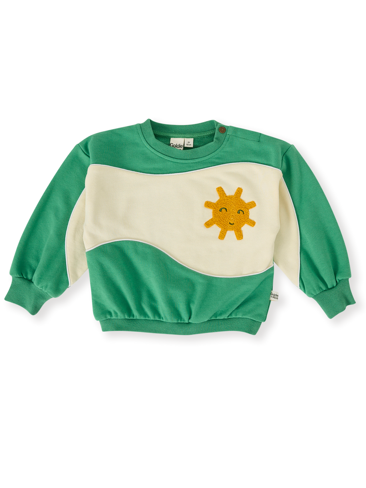 The Goldie + Ace Sunshine Piped Panel Sweatshirt in Fern/Vanilla pictured on a transparent background. The material is 100% cotton. It is a top made for babies, toddlers and kids.